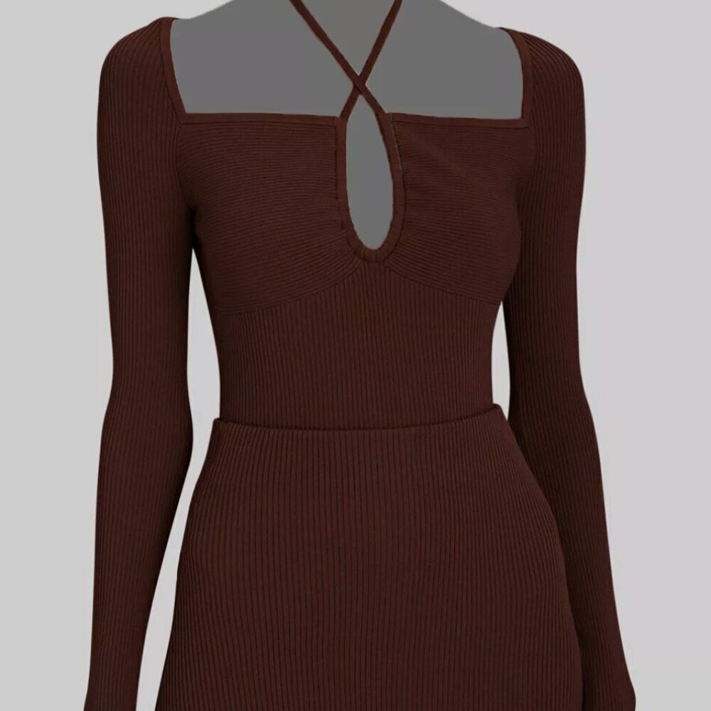 A.L.C. Alc Women's Brown "Annabelle" Ribbed Knit Long Sleeve Cutout Top L $375 - Picture 3 of 9